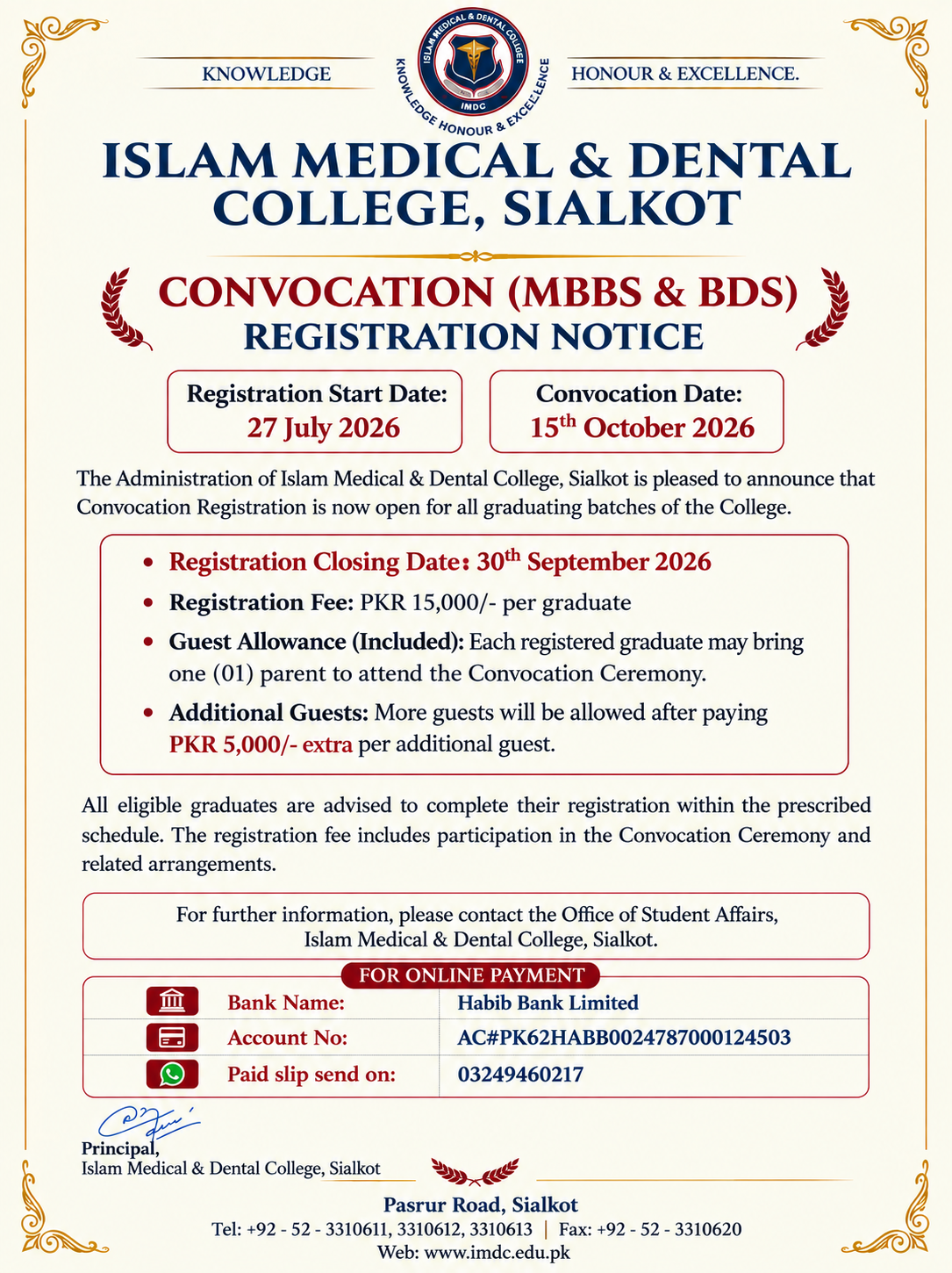 Islam Medical and Dental College Sialkot Convocation Registration Notice